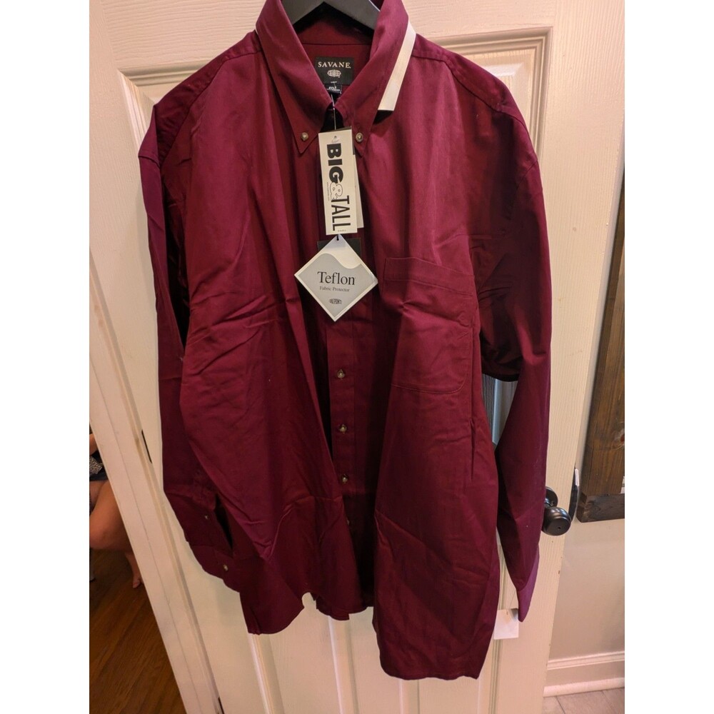 Savane 2XLT Big & Tall Burgundy Solid Twill Button-Down Shirt Teflon Cotton 107